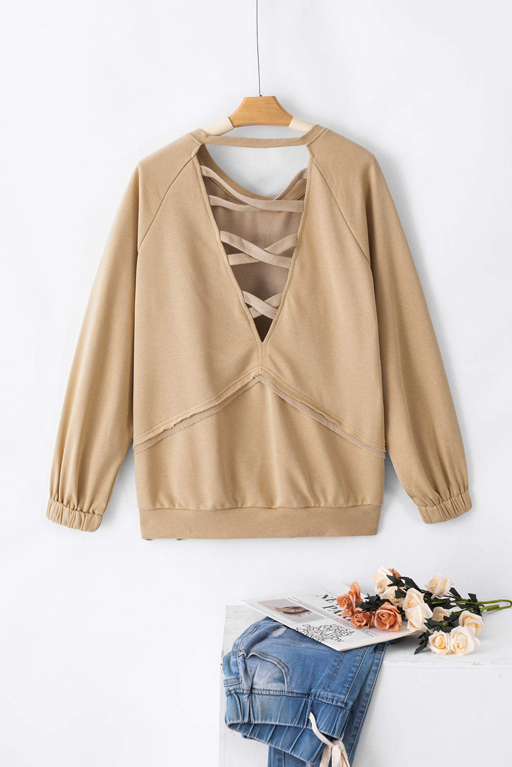 Light French Beige Solid Color Lattice Hollow Out Back Sweatshirt