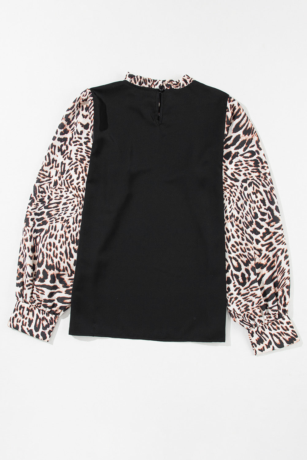 Black Contrast Leopard Print Lantern Sleeve Blouse