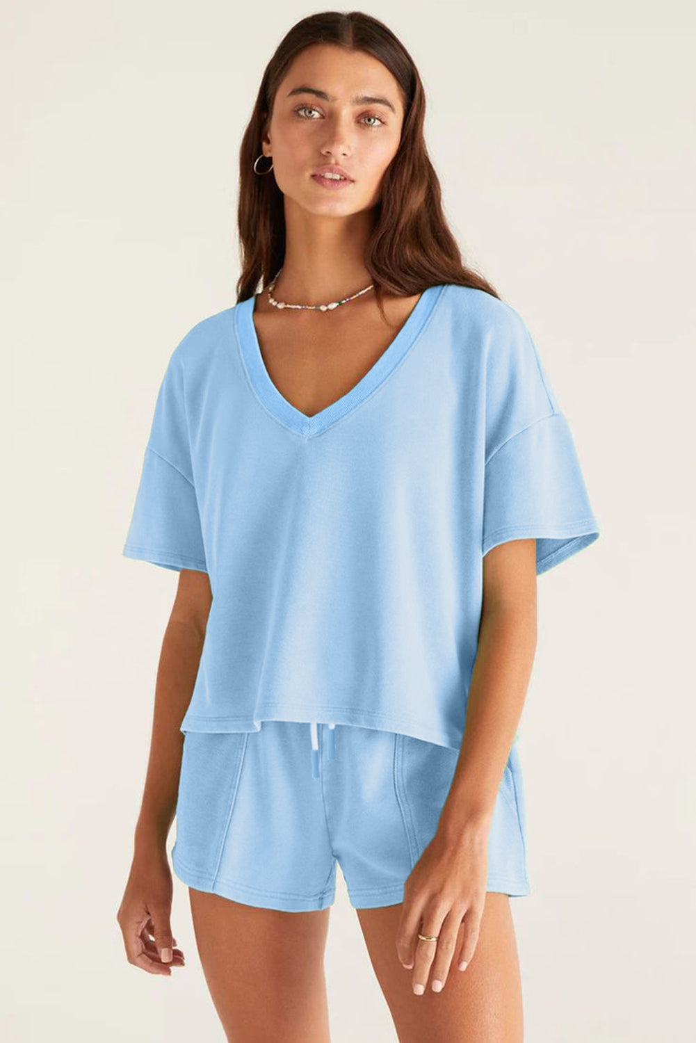 Myosotis V Neck Drop Shoulder Tee and Patchwork Drawstring Elastic Waistband Shorts Set