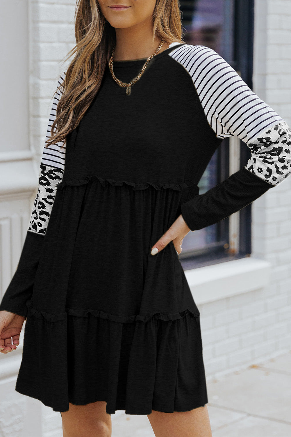 Black Plus Size Striped Leopard Patch Sleeve Ruffle Tiered Dress