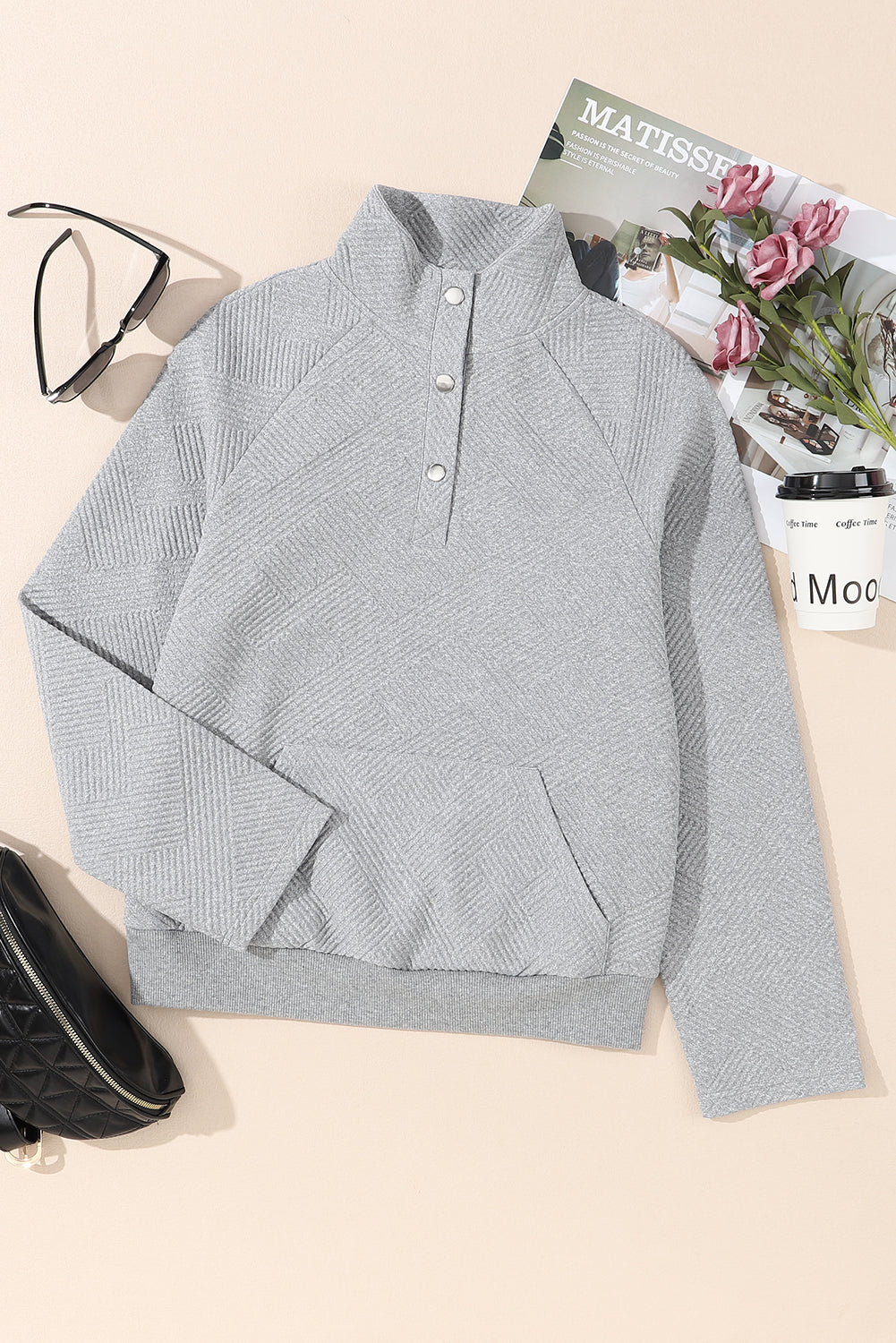 Gray Textured Contrast Splicing Raglan Sleeve Top