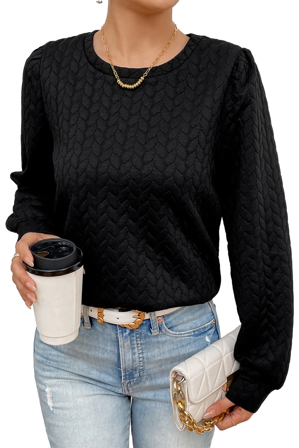 Dark Blue Cable Pattern Puff Sleeve Plus Size Top