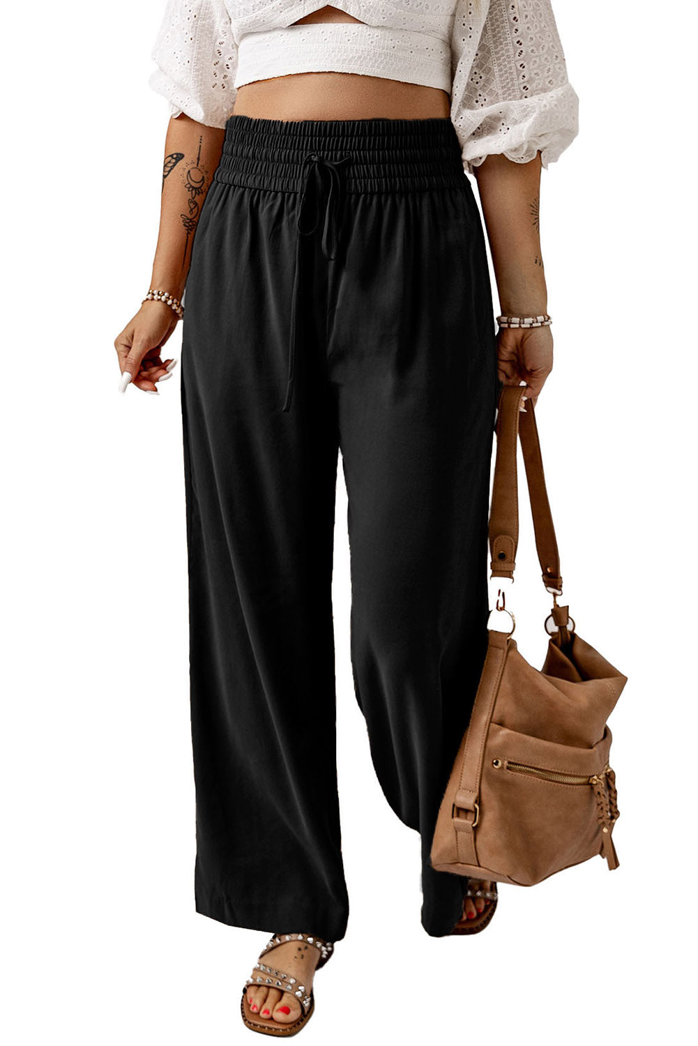 Drawstring Smocked Waist Wide Leg Plus Size Pants