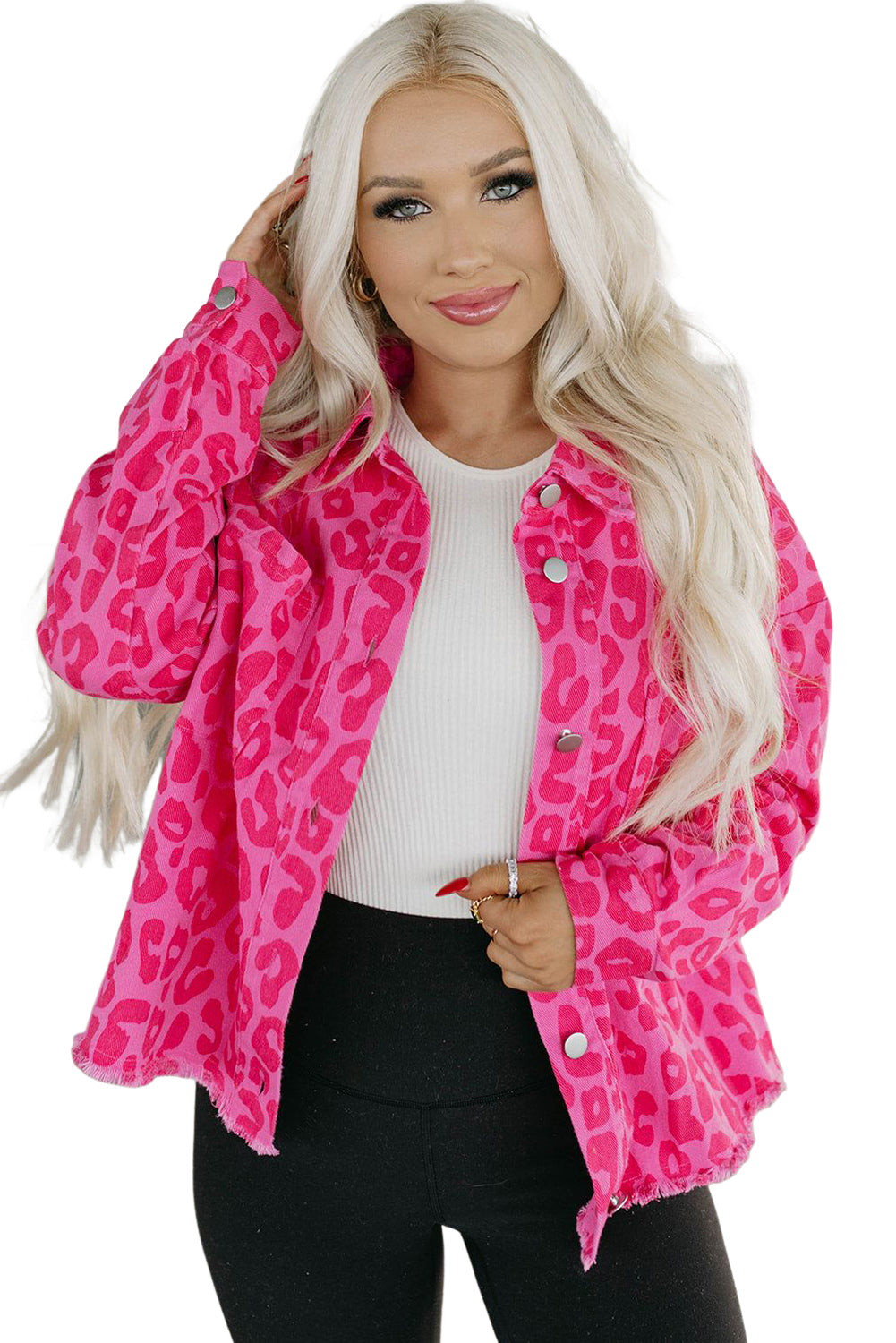 Pink Plus Size Leopard Print Button Cuffs Raw Hem Jacket