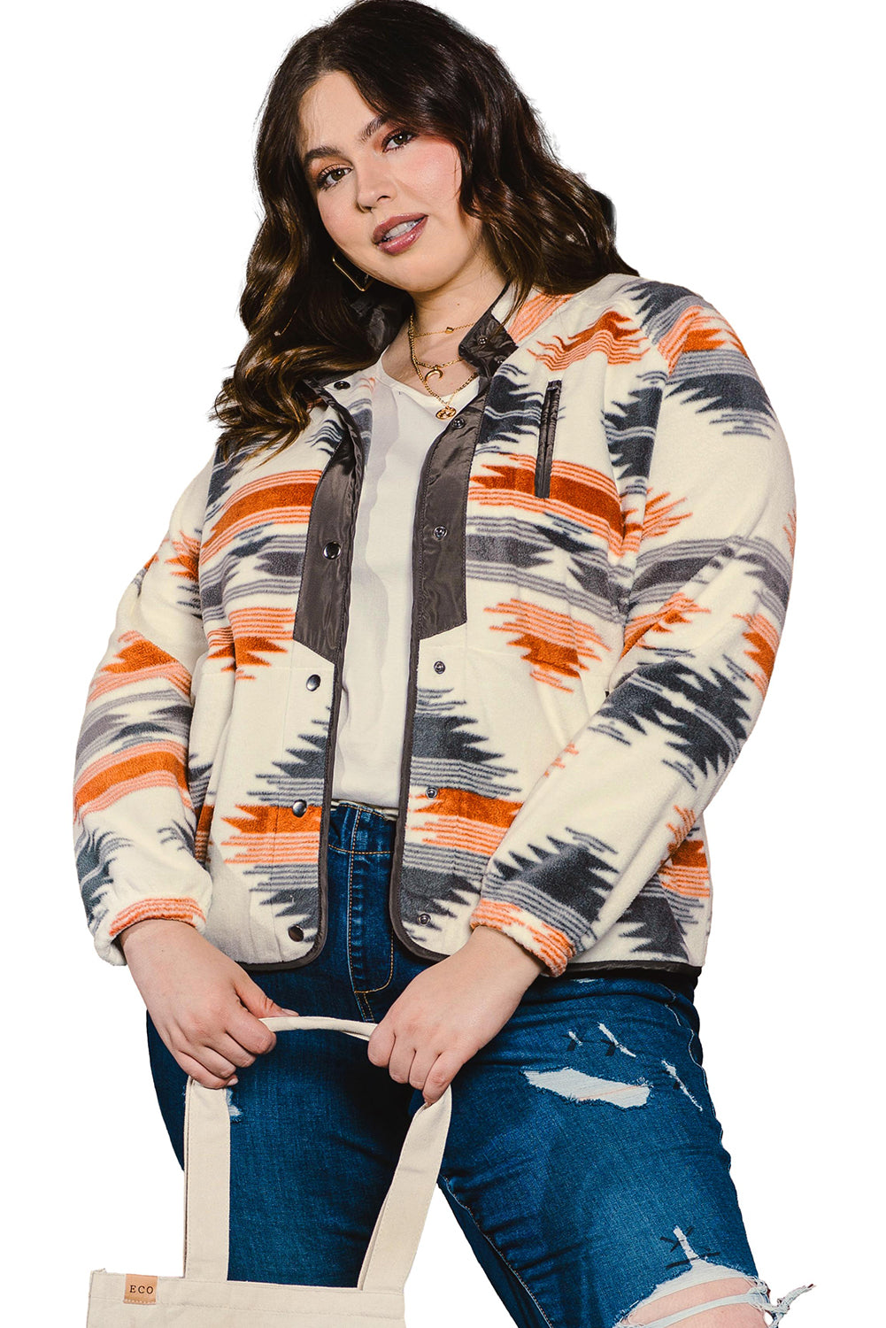 Leopard Plus Size Color Block Chest Pocket Sherpa Jacket