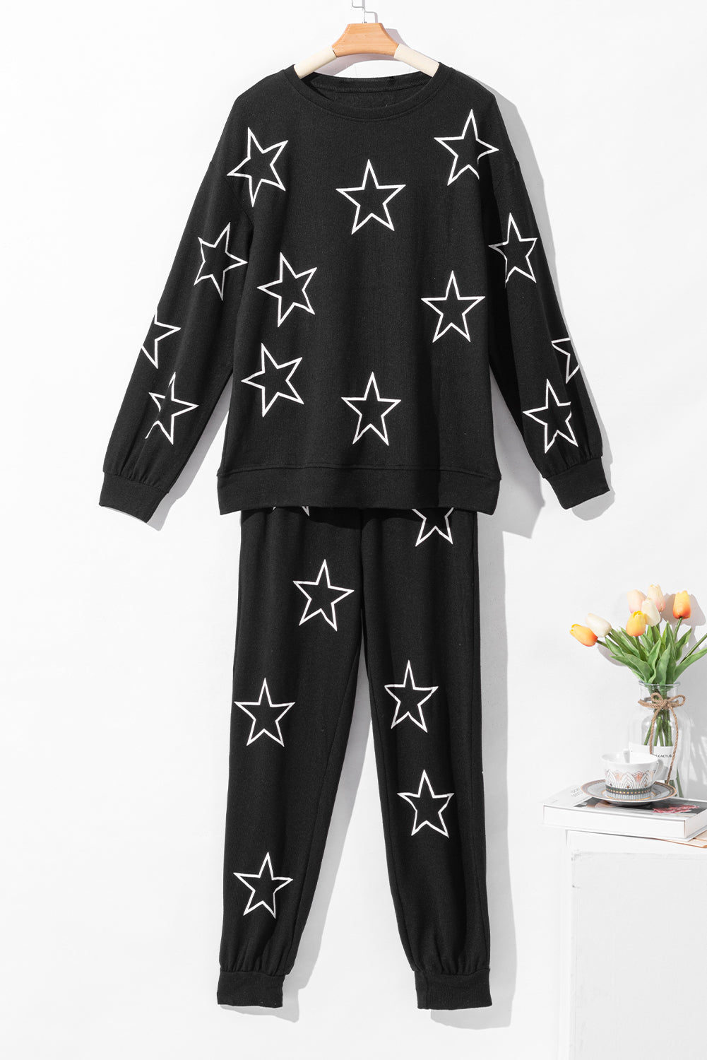 Black Stars Print Long Sleeve Drawstring High Waist Lounge Set