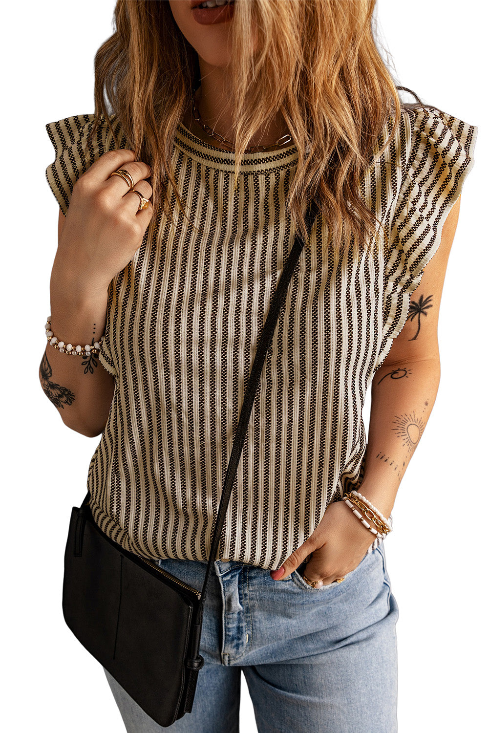 Gray Crew Neck Ruffled Striped Tank Top