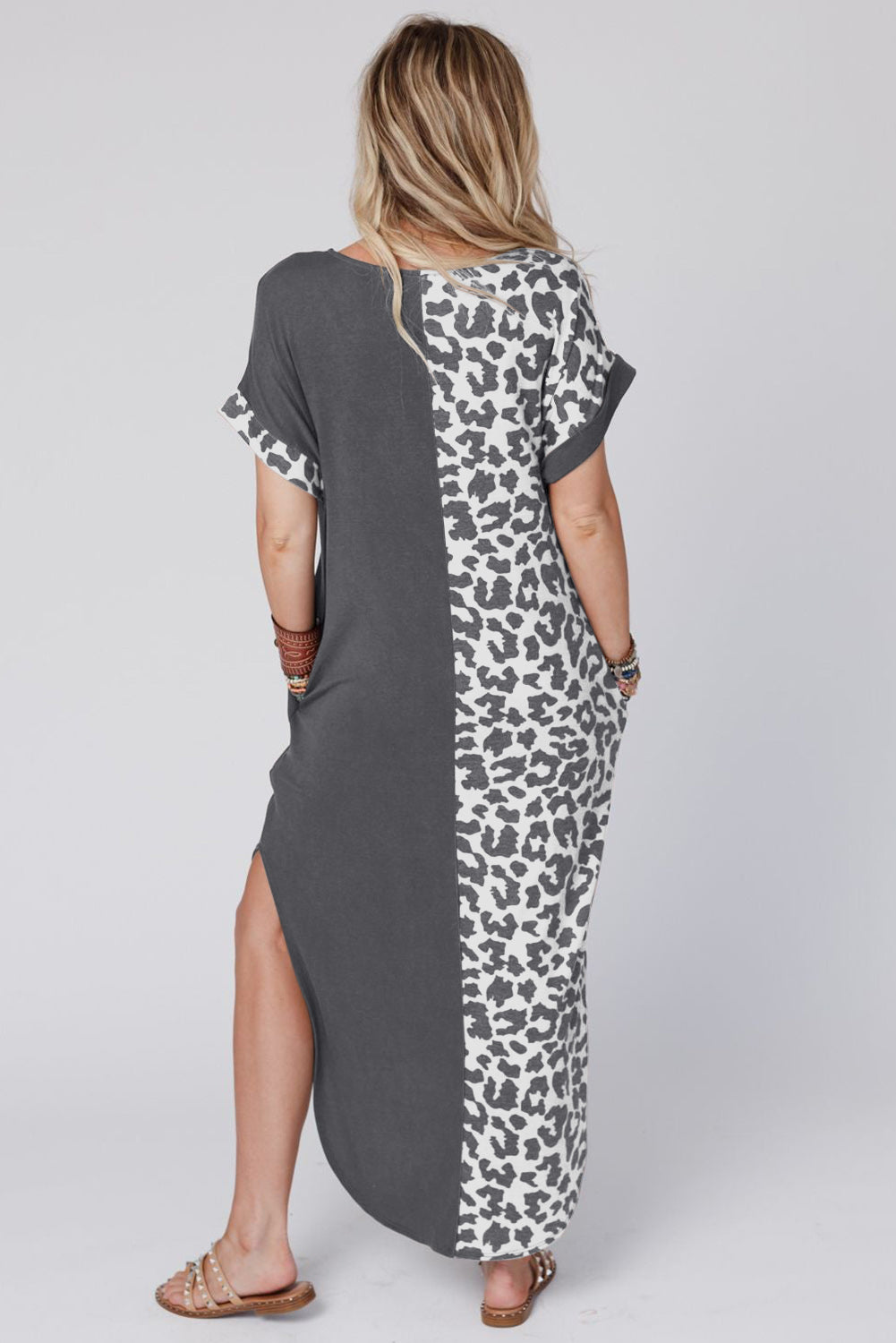 Multicolor Plus Size Leopard Colorblock Long Sleeve T-Shirt Dress