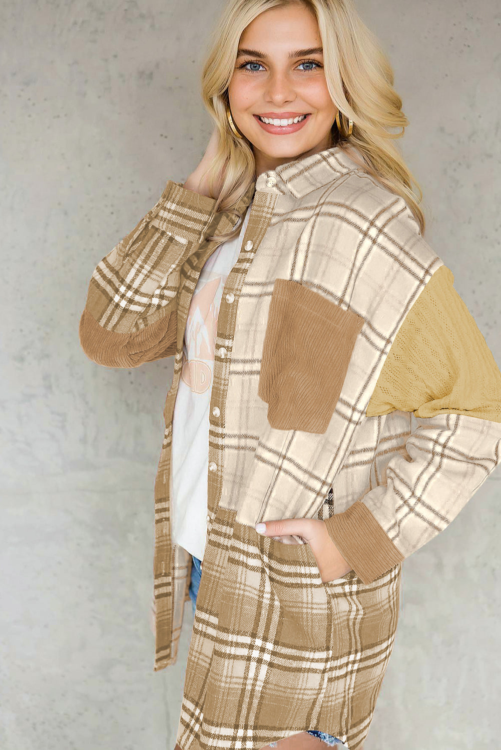 Plaid Color Block Patchwork Shirt Jacket with Pocket