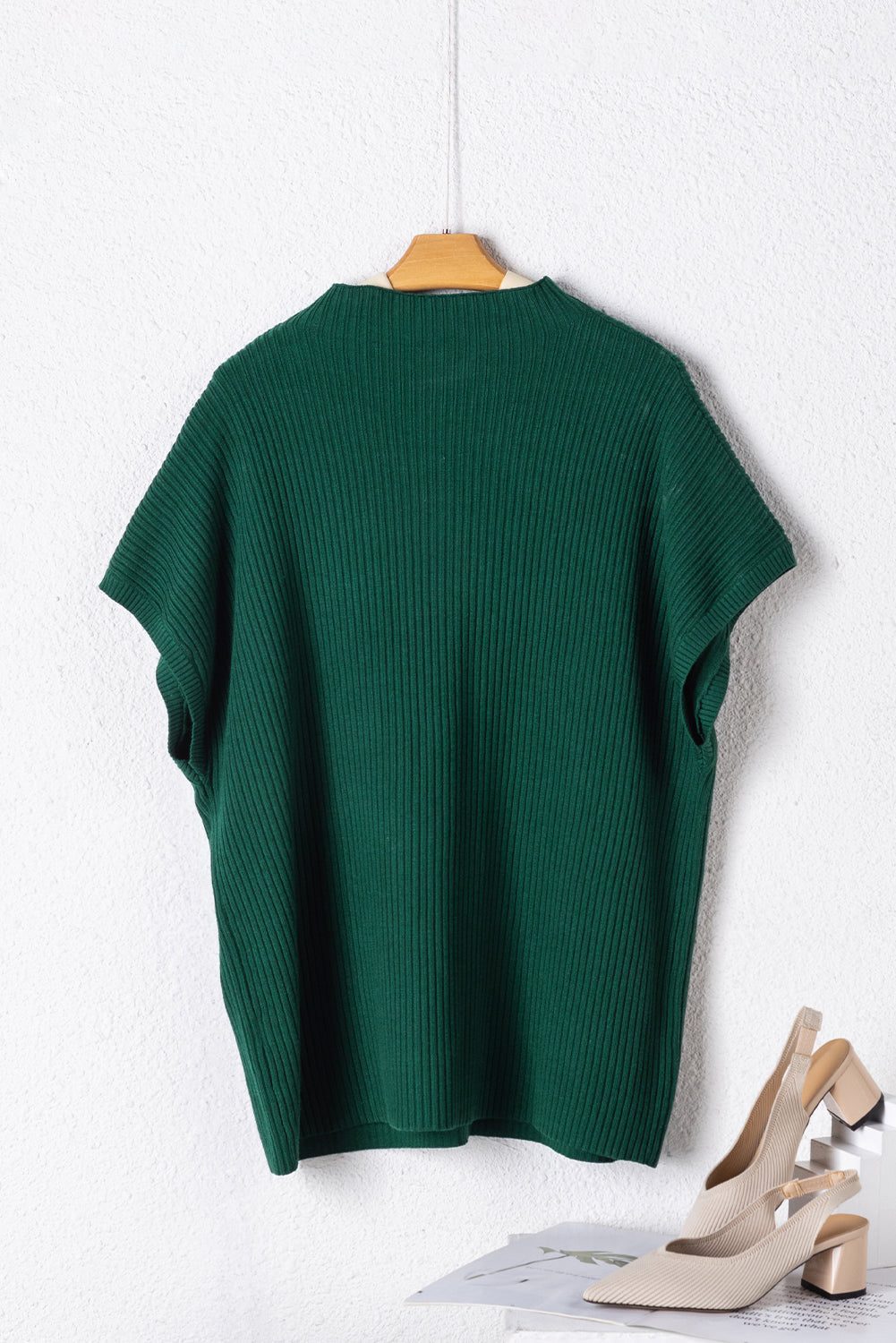 Oatmeal Patch Pocket Ribbed Knit Short Sleeve Sweater