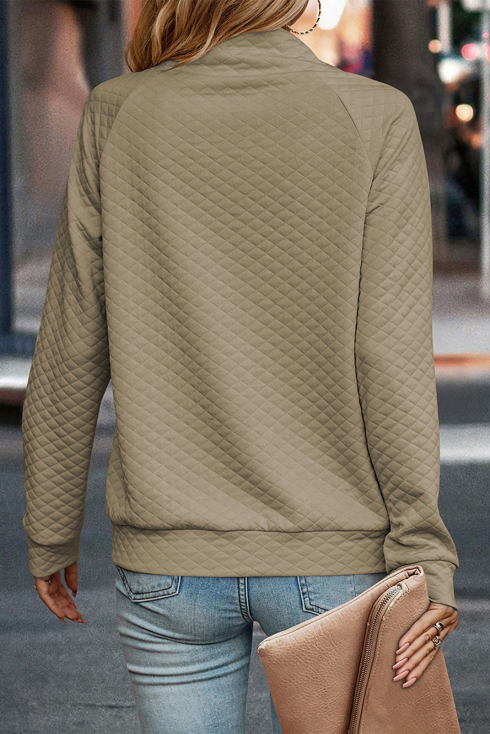 Apricot High Neck Kangaroo Pocket Quilted Sweatshirt