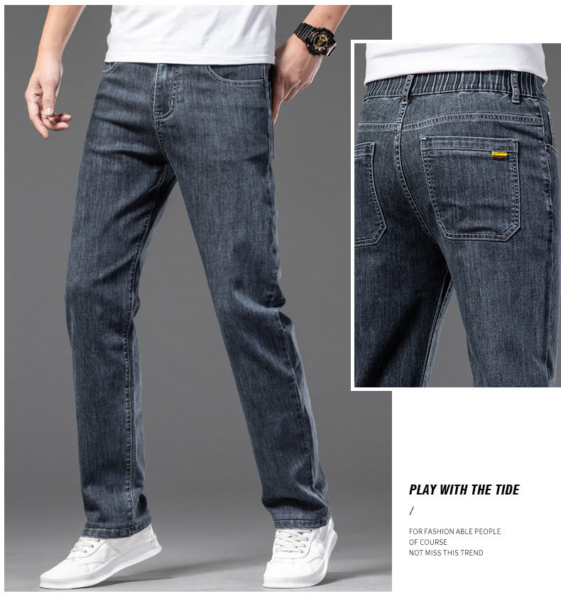 Men's Casual Half Elastic Waist Stretch Denim Pants