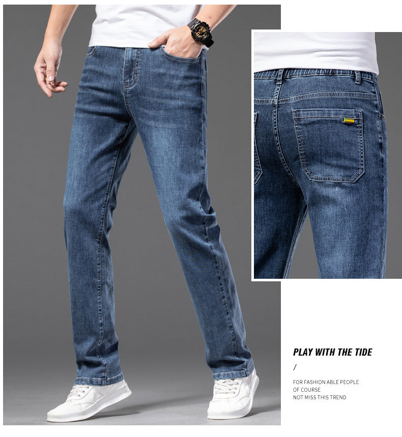 Men's Casual Half Elastic Waist Stretch Denim Pants