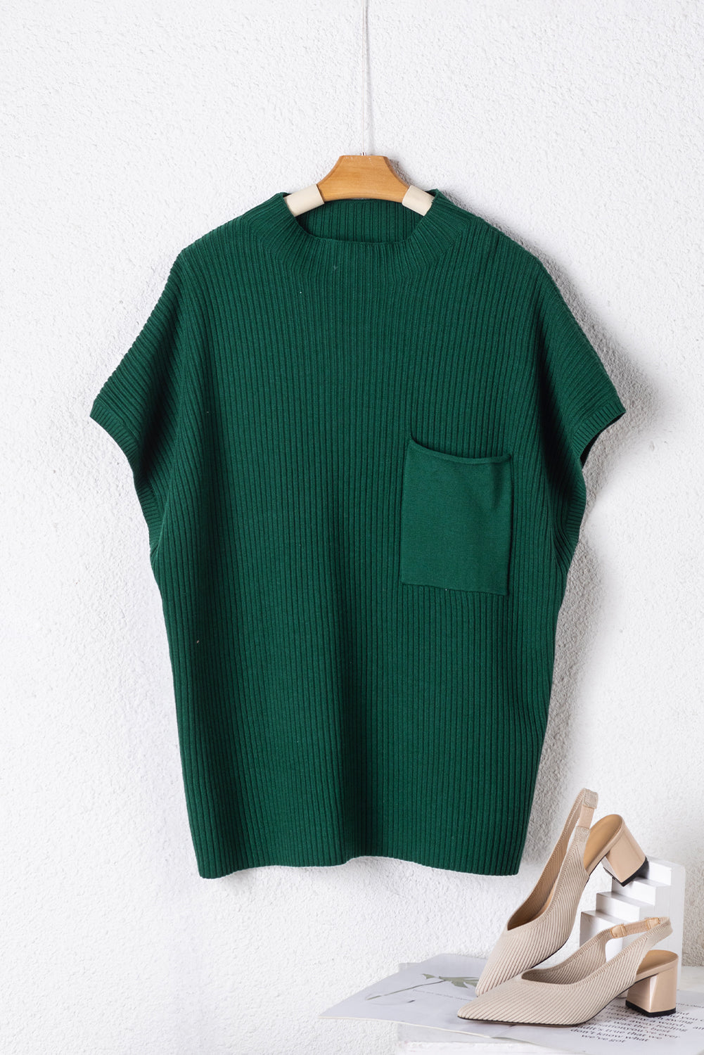 Oatmeal Patch Pocket Ribbed Knit Short Sleeve Sweater