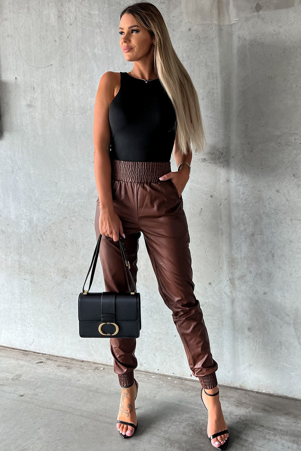 Brown Smocked High-Waist Leather Skinny Pants