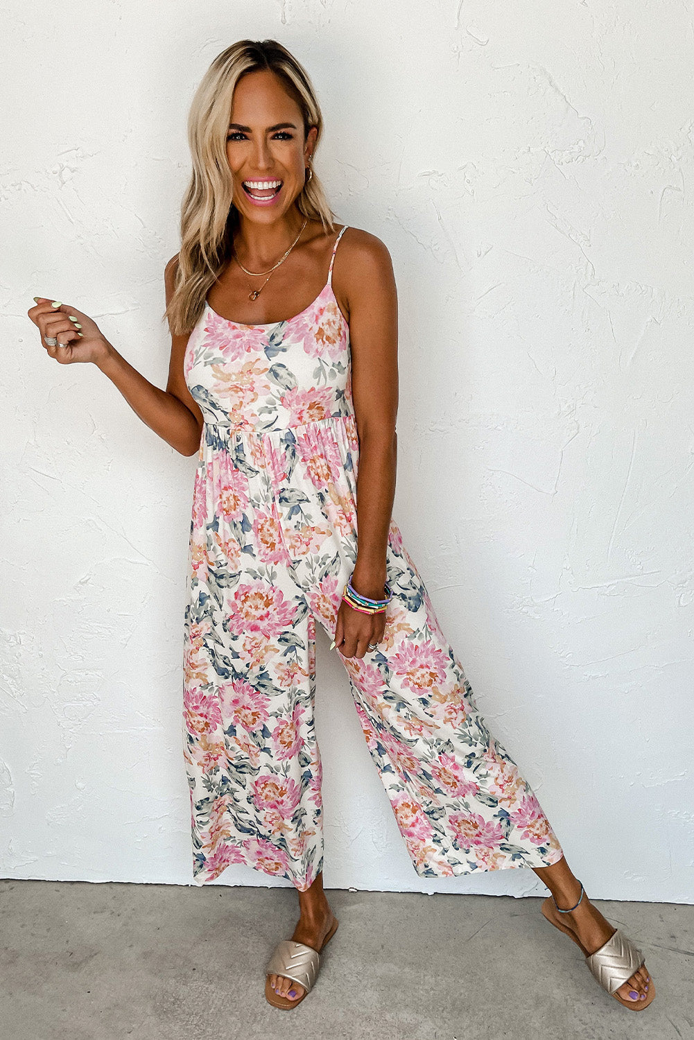 White Plus Size Floral Print Sleeveless Wide Leg Jumpsuit