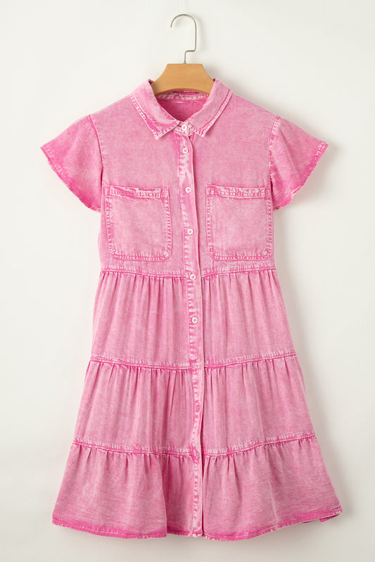 Bonbon Mineral Washed Ruffle Sleeve Tiered Chambray Dress