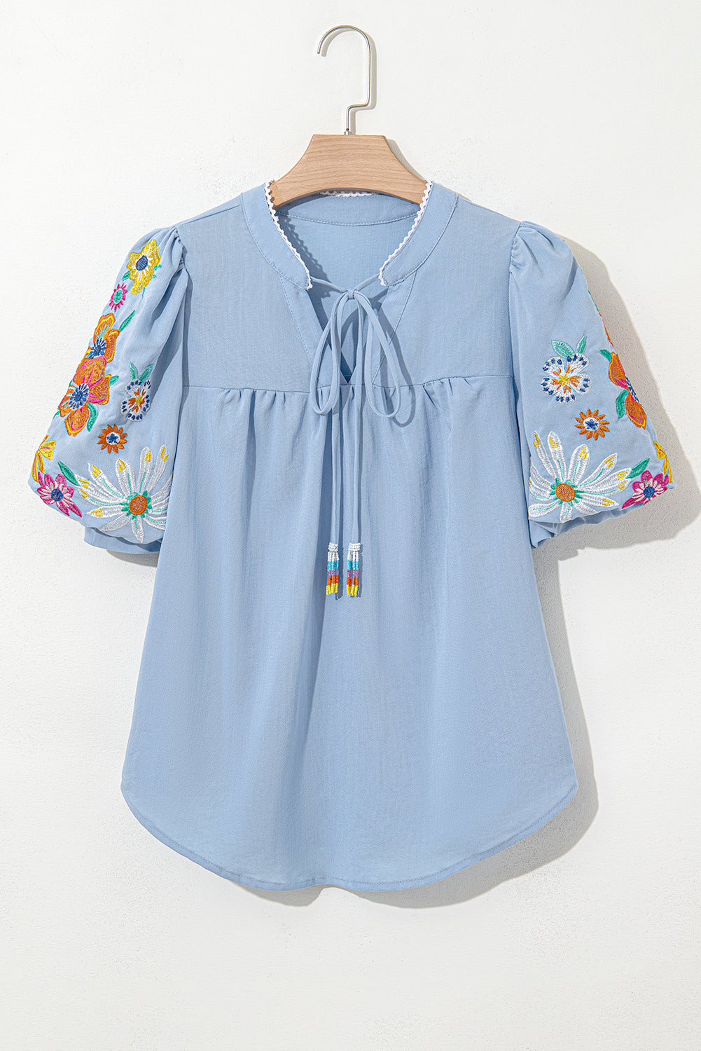 Beau Floral Embroidered Puff Sleeve Split Neck Blouse