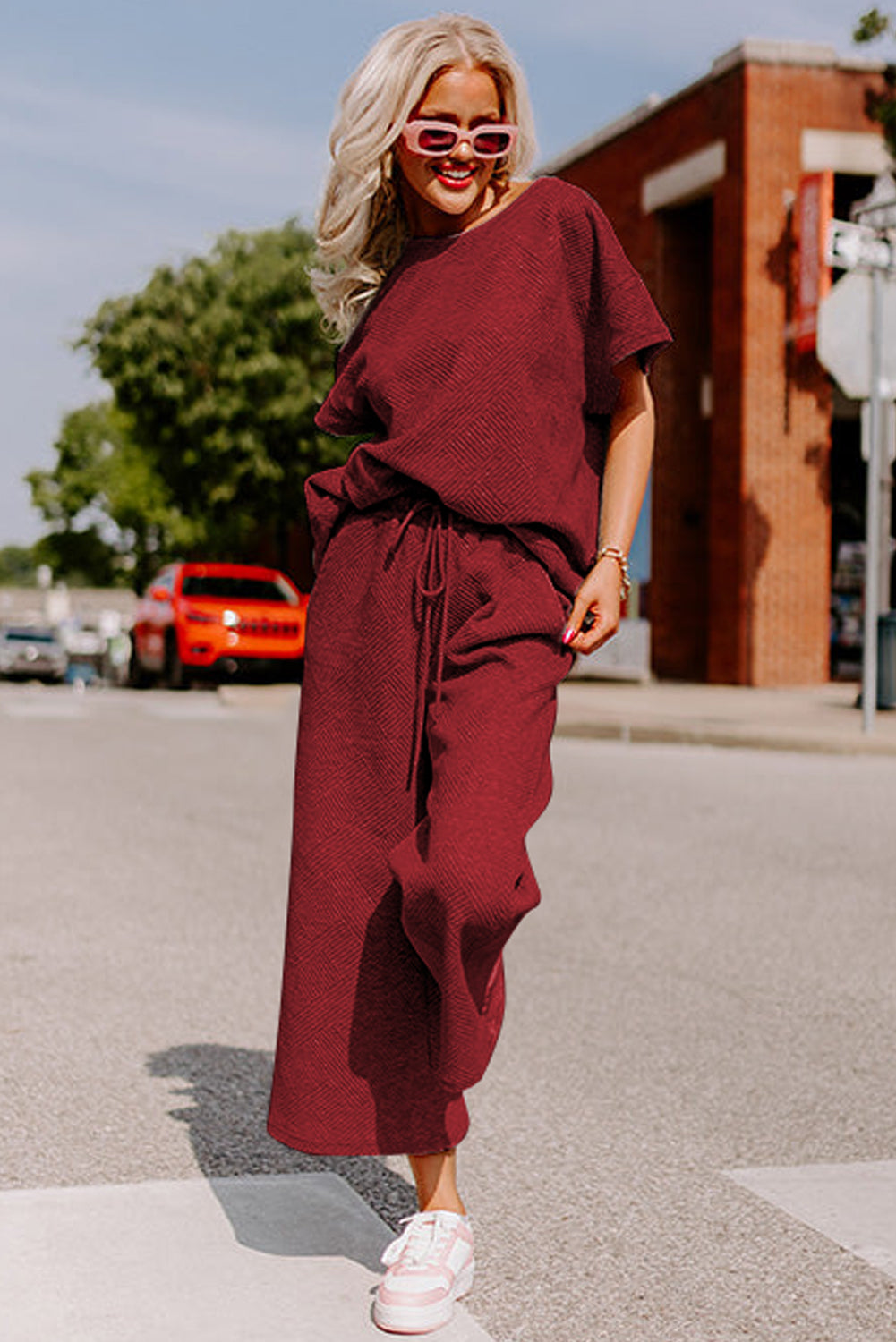 Strawberry Pink Textured Loose Fit T Shirt and Drawstring Pants Set
