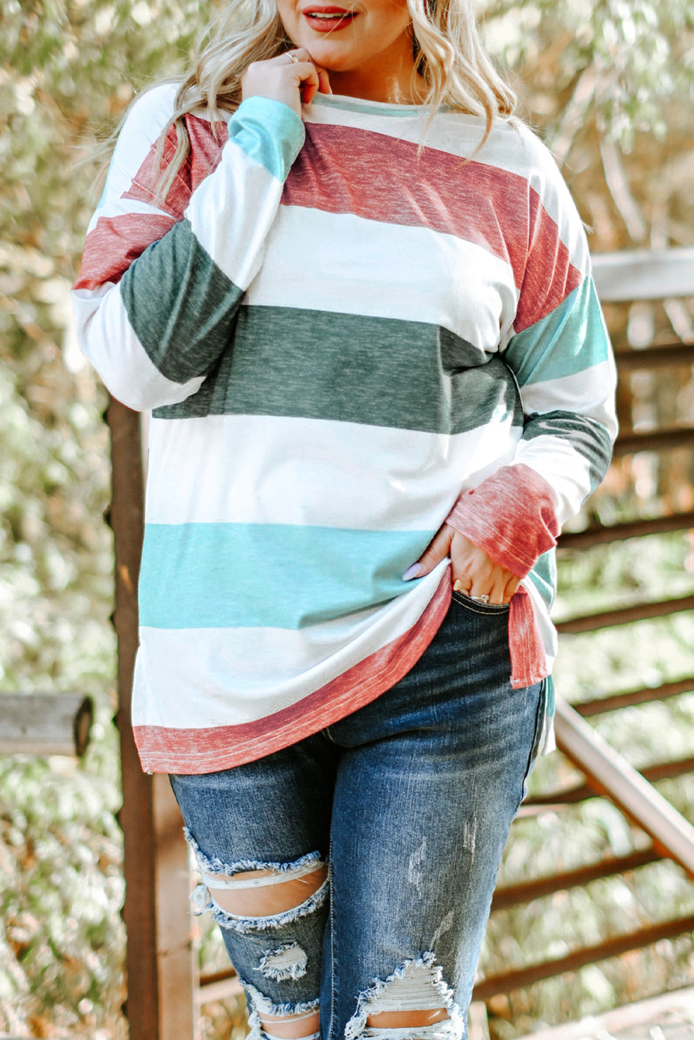 Sky Blue Stripe Plus Size Colorblock Pullover Top