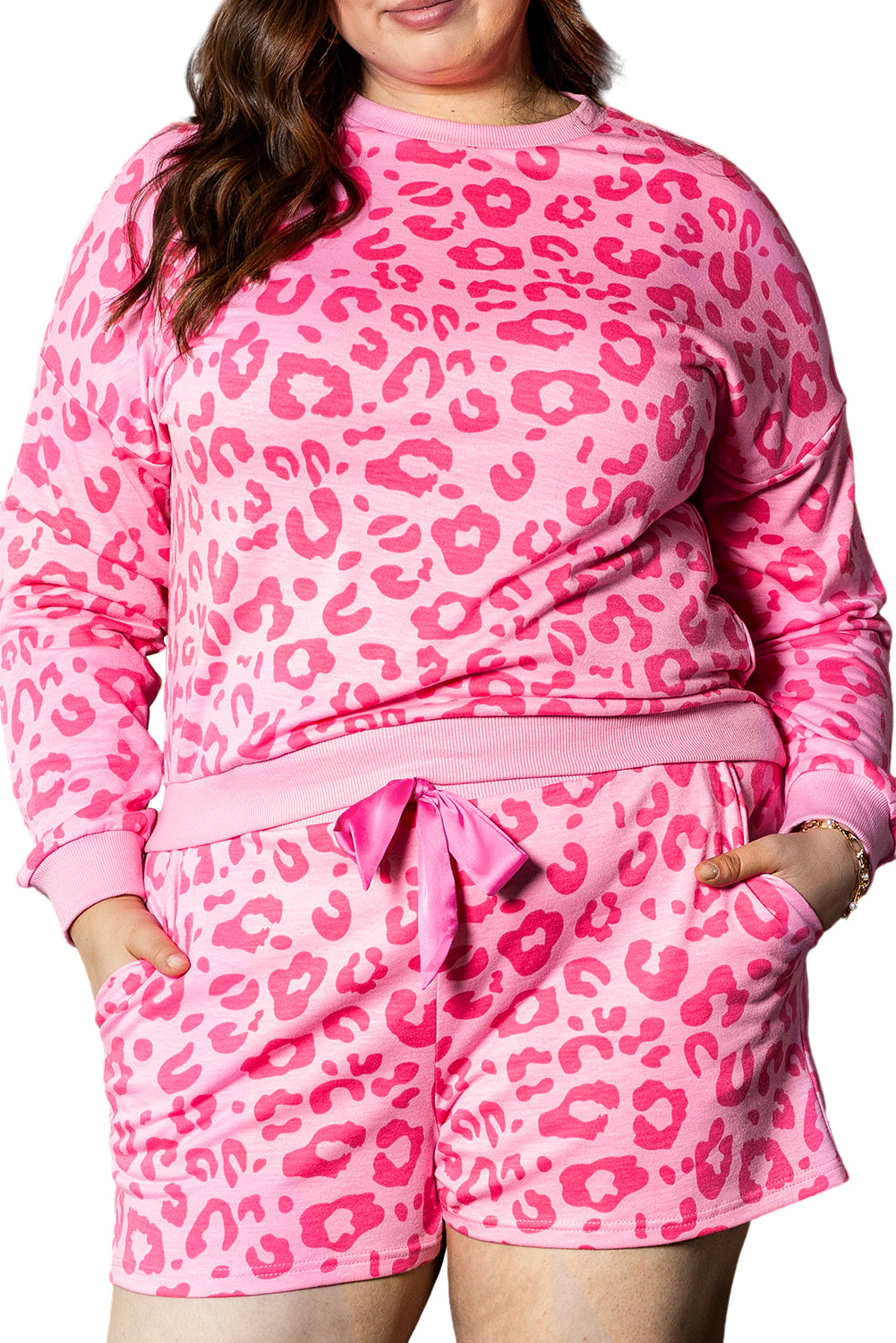 Gray Printed Leopard Long Sleeve Satin Tie Shorts Two Piece Set