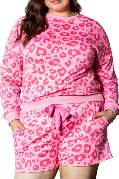 Gray Printed Leopard Long Sleeve Satin Tie Shorts Two Piece Set