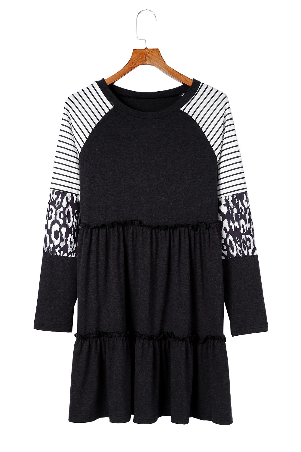 Black Plus Size Striped Leopard Patch Sleeve Ruffle Tiered Dress