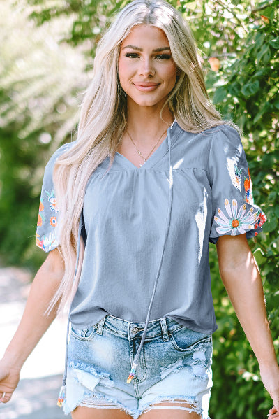 Beau Floral Embroidered Puff Sleeve Split Neck Blouse