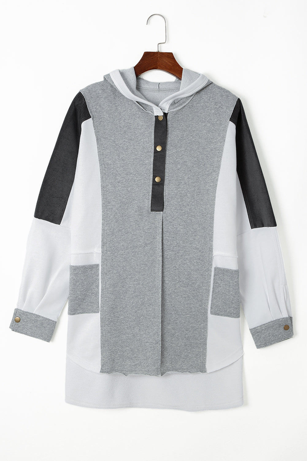 Medium Grey Plus Size Colorblock Patchwork Curved Hem Henley Hoodie