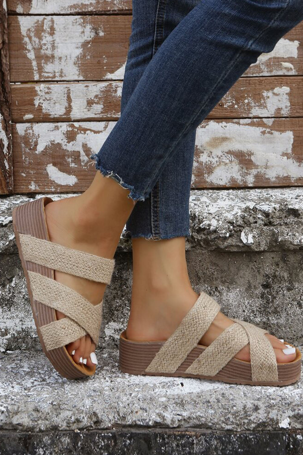 Beige Woven Cross Criss Hollowed Slip-On Sandals