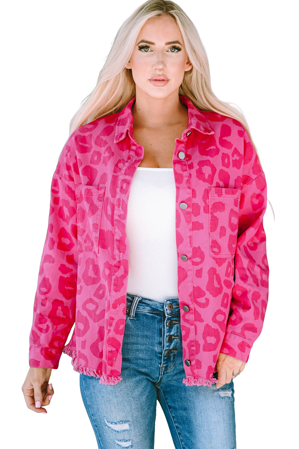 Pink Plus Size Leopard Print Button Cuffs Raw Hem Jacket