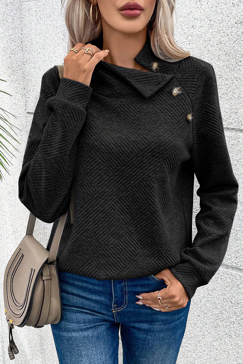 Gray Textured Contrast Splicing Raglan Sleeve Top