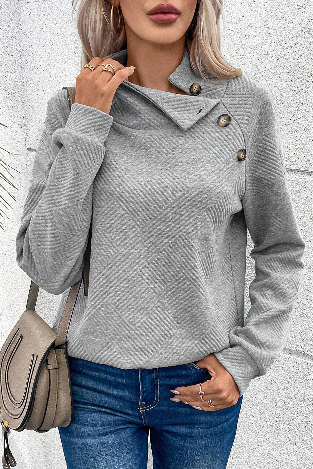 Gray Textured Contrast Splicing Raglan Sleeve Top