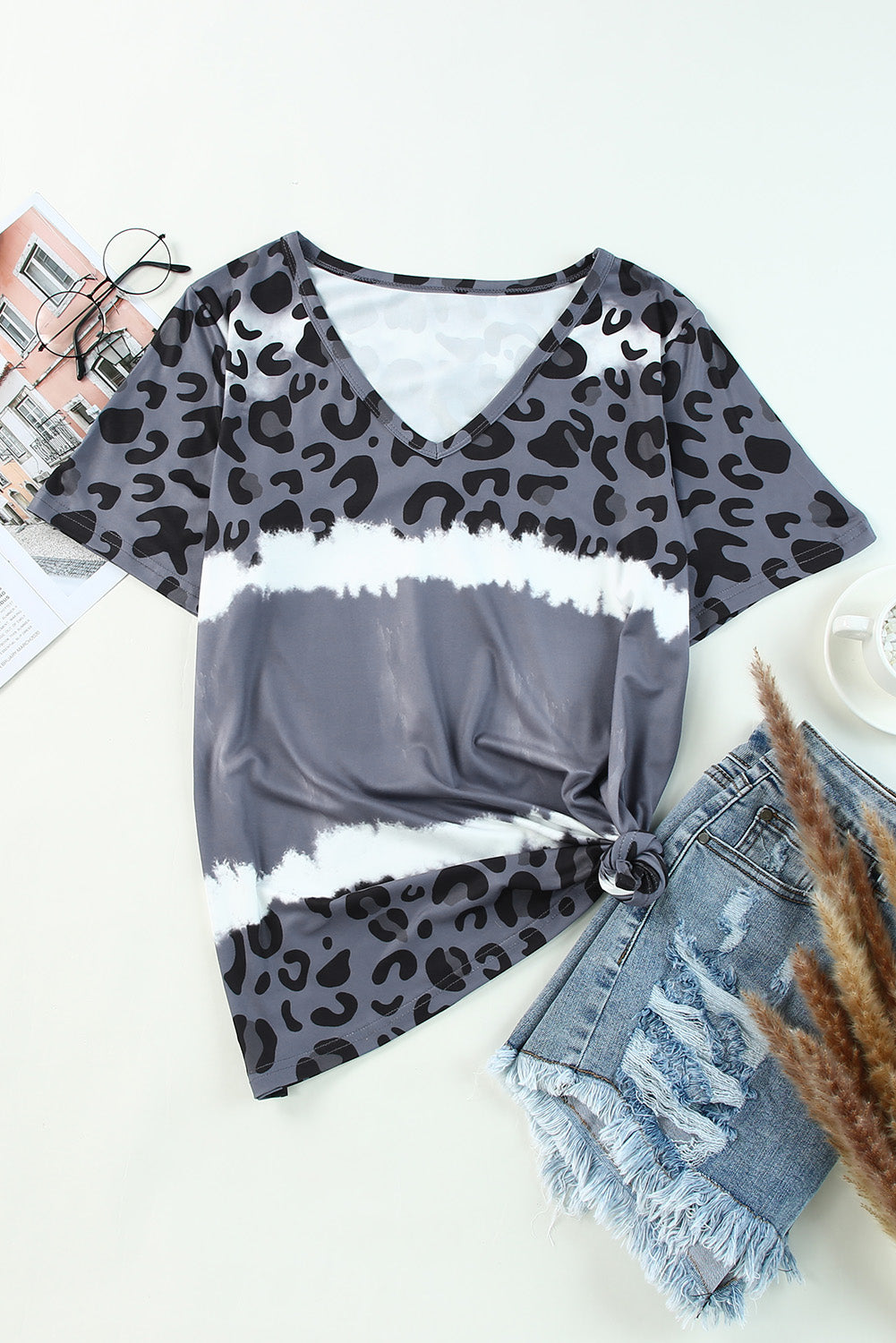 Leopard Color Block V Neck Plus Size T Shirt Dress