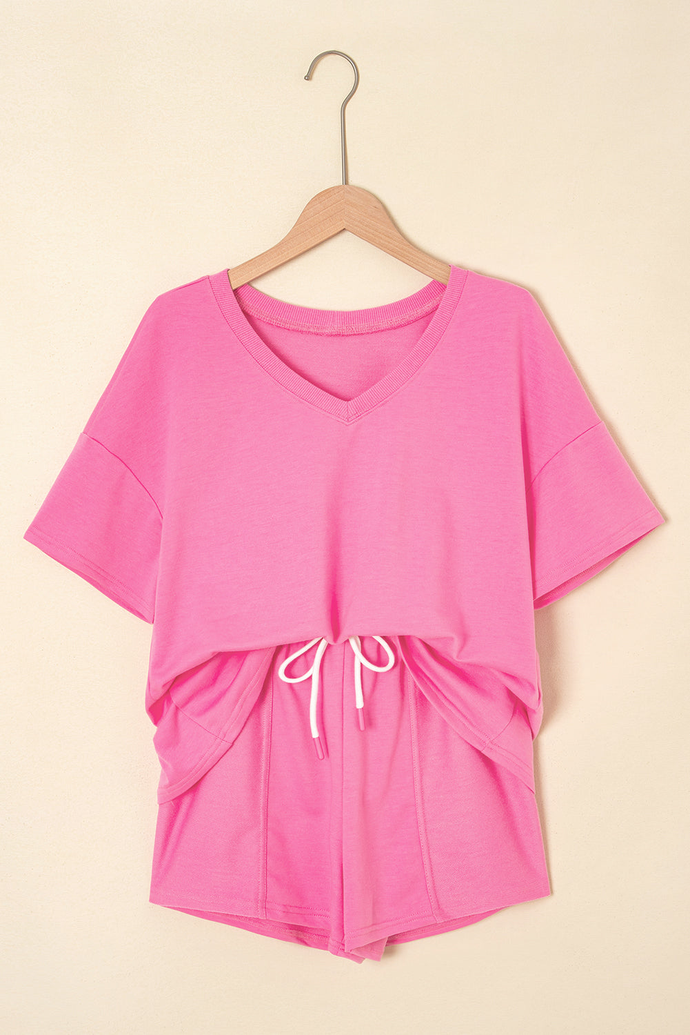Myosotis V Neck Drop Shoulder Tee and Patchwork Drawstring Elastic Waistband Shorts Set
