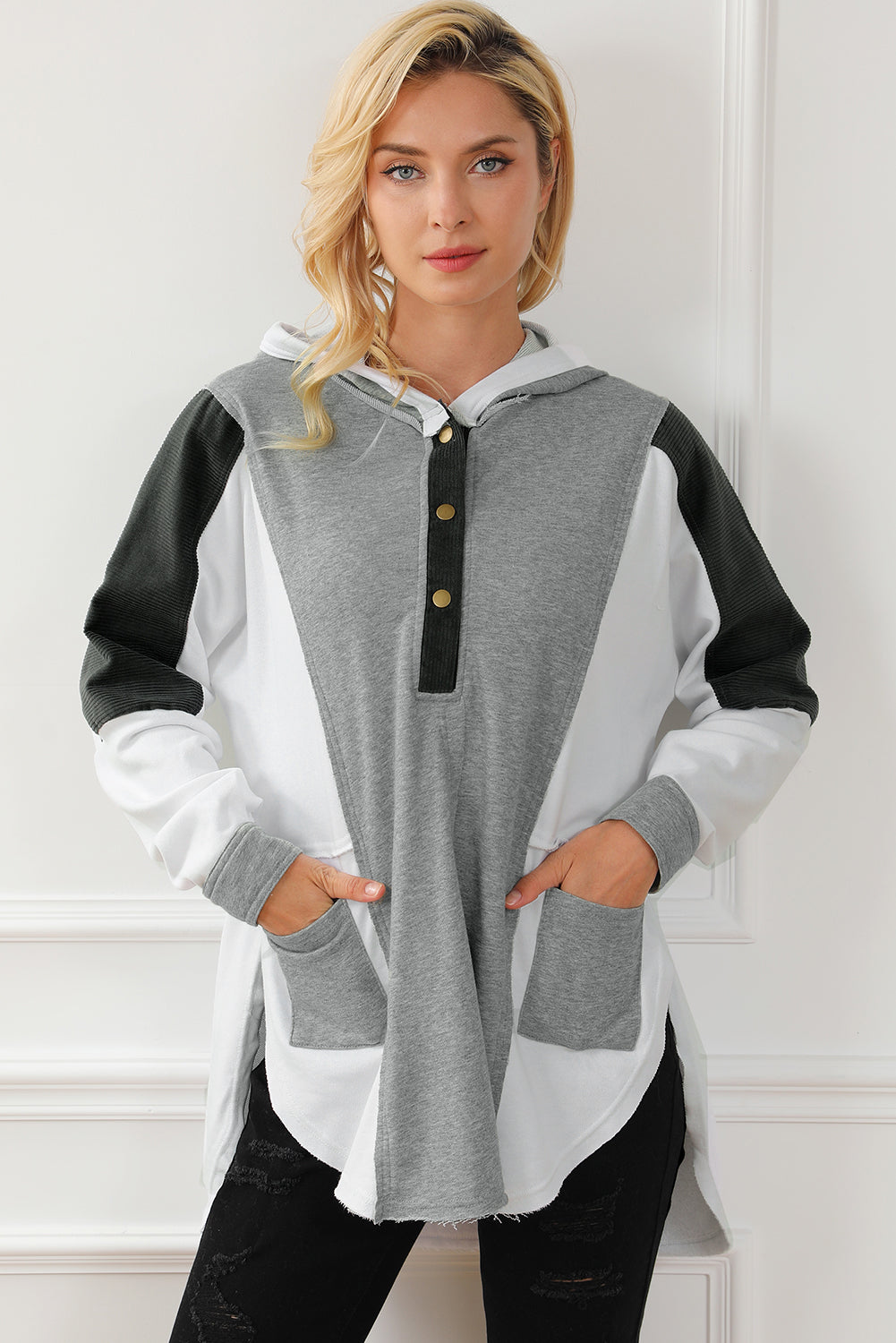 Medium Grey Plus Size Colorblock Patchwork Curved Hem Henley Hoodie