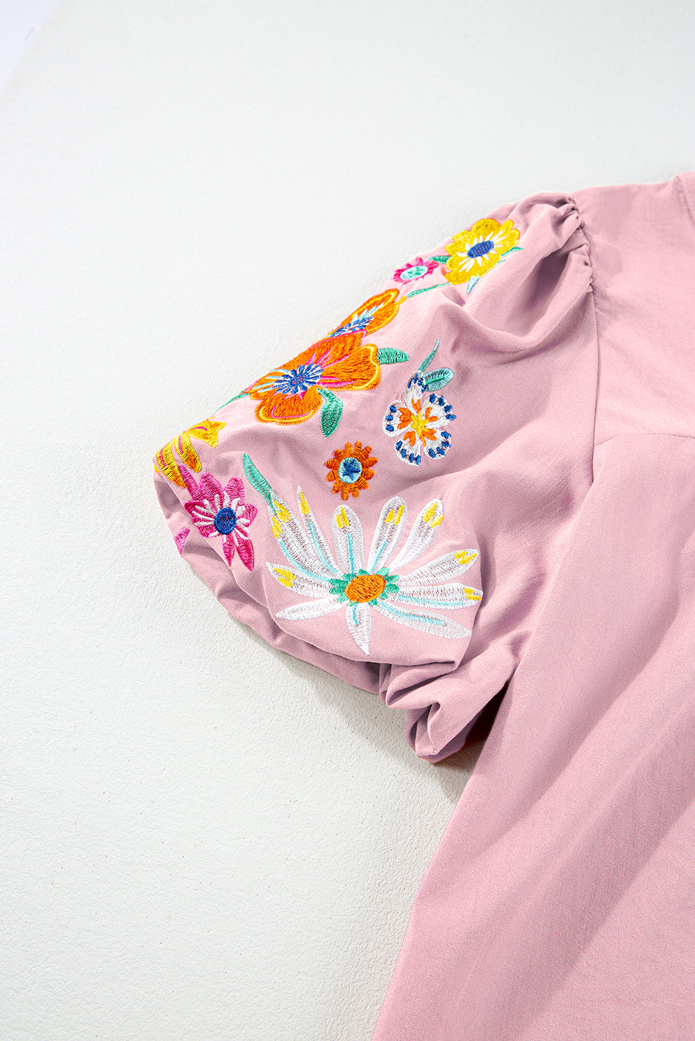 Beau Floral Embroidered Puff Sleeve Split Neck Blouse