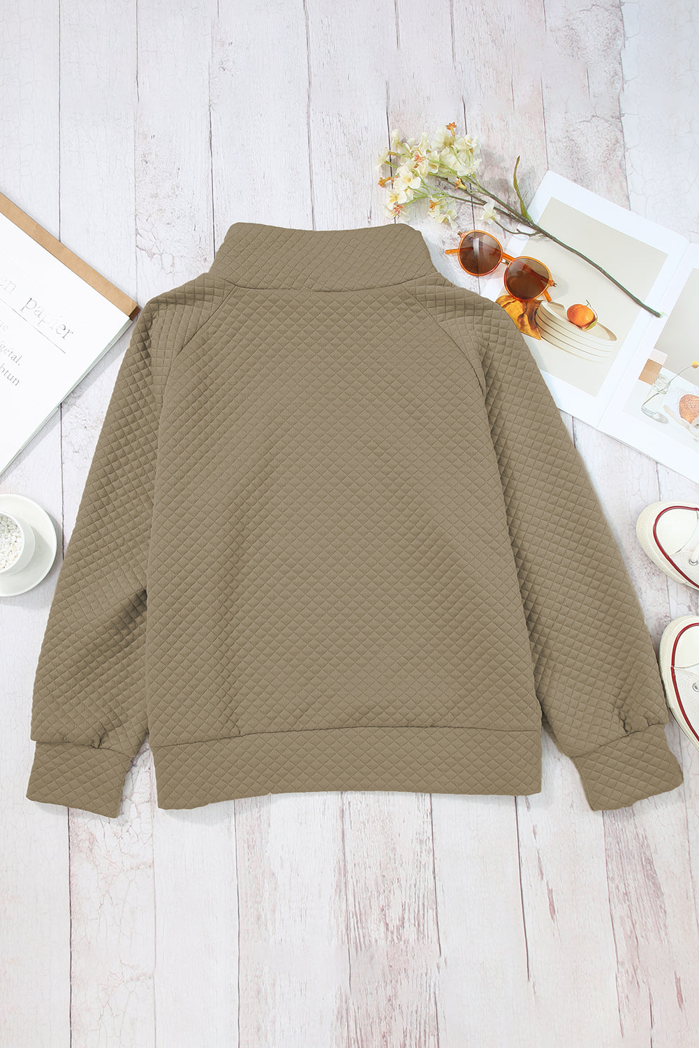 Apricot High Neck Kangaroo Pocket Quilted Sweatshirt