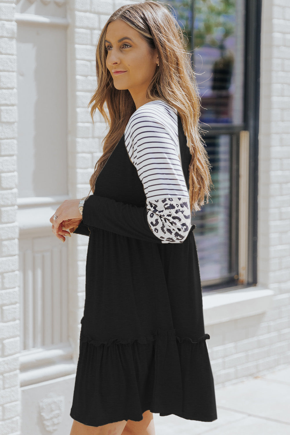 Black Plus Size Striped Leopard Patch Sleeve Ruffle Tiered Dress