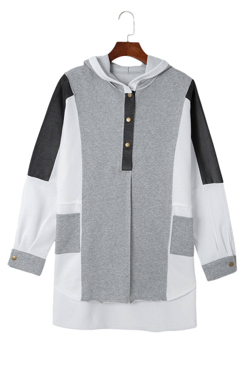 Medium Grey Plus Size Colorblock Patchwork Curved Hem Henley Hoodie