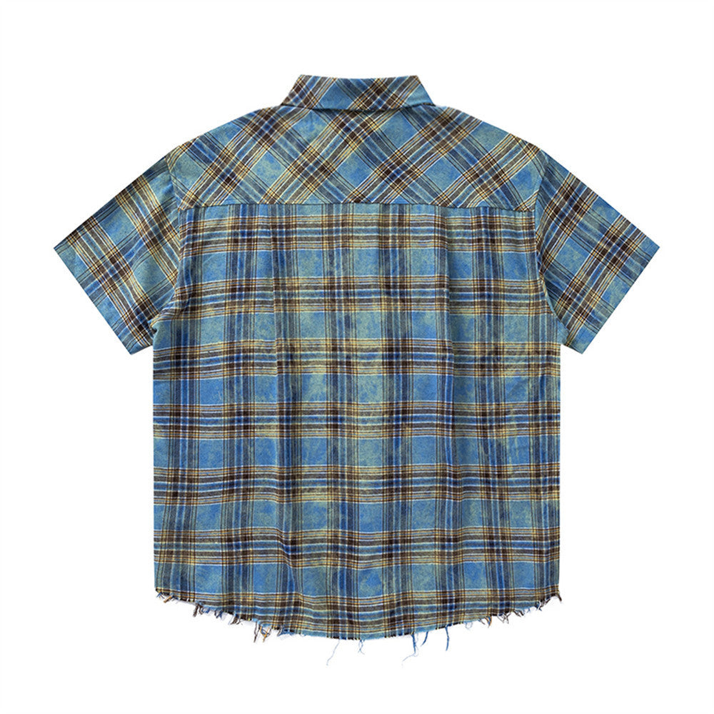 Men's Short Sleeve Distressed Plaid Shirt