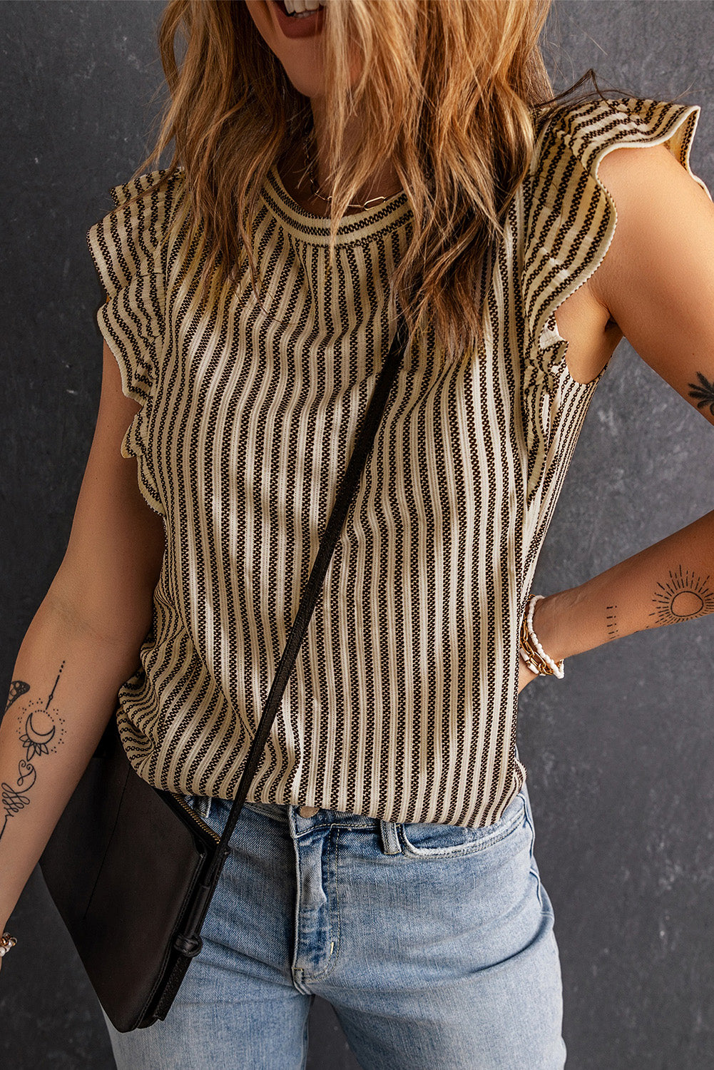 Gray Crew Neck Ruffled Striped Tank Top