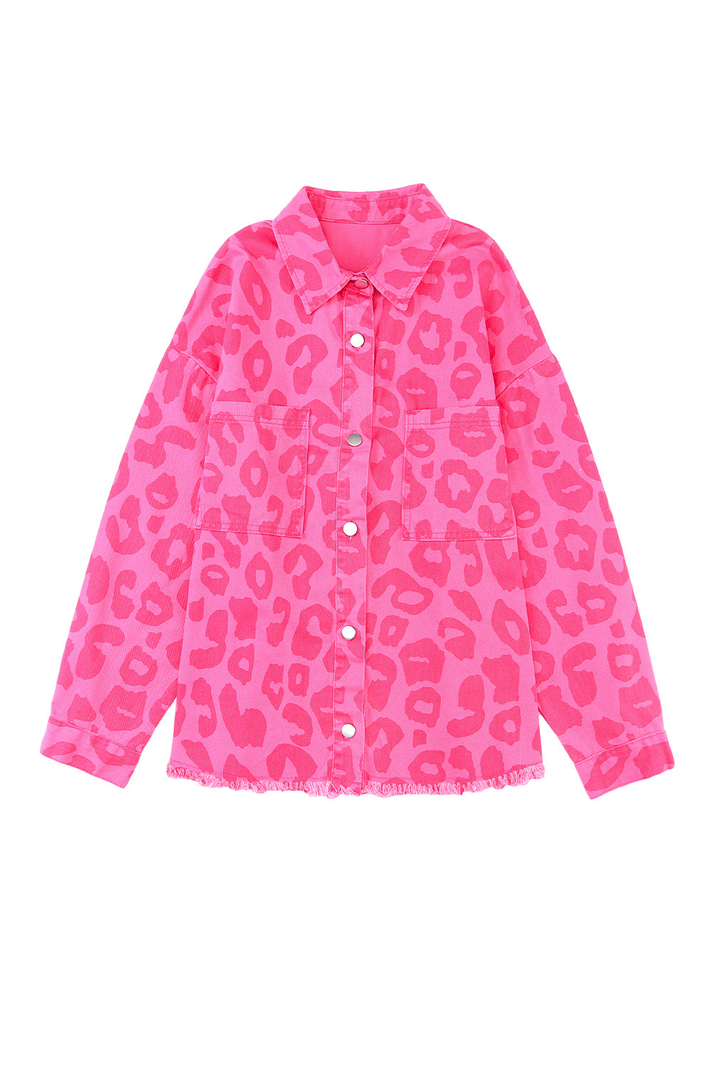 Pink Plus Size Leopard Print Button Cuffs Raw Hem Jacket