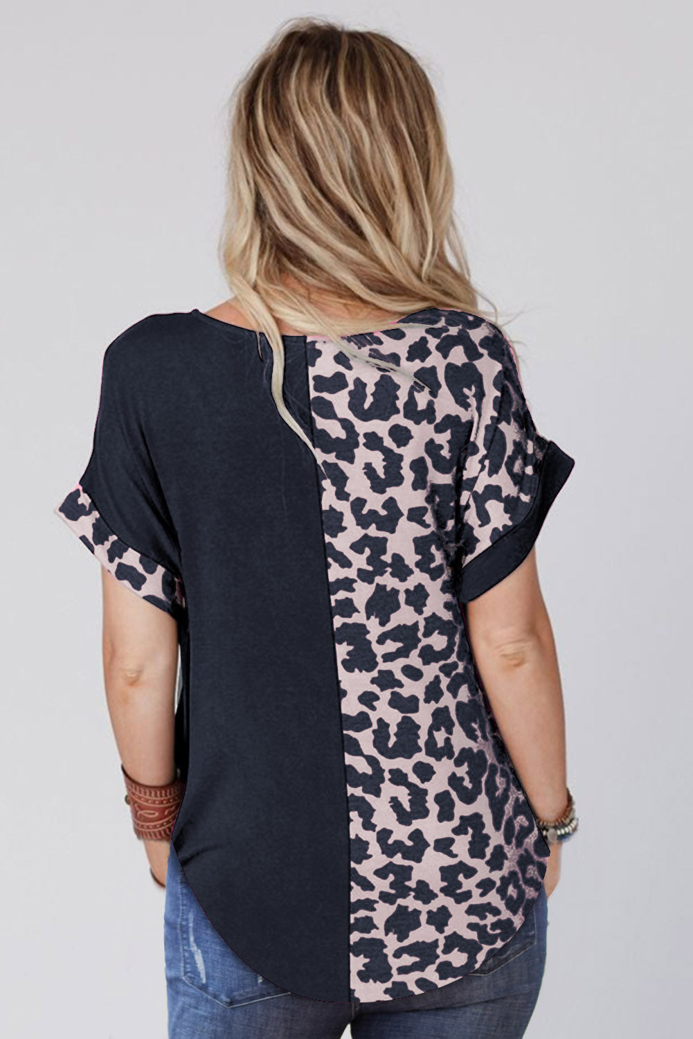 Multicolor Plus Size Leopard Colorblock Long Sleeve T-Shirt Dress