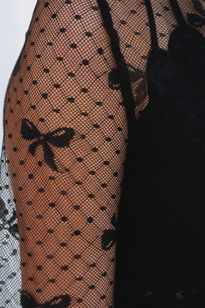 Black Mesh Bow Pattern Long Sleeve Top