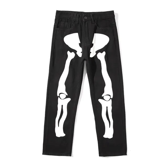 Wide Leg Skeleton Print Jeans