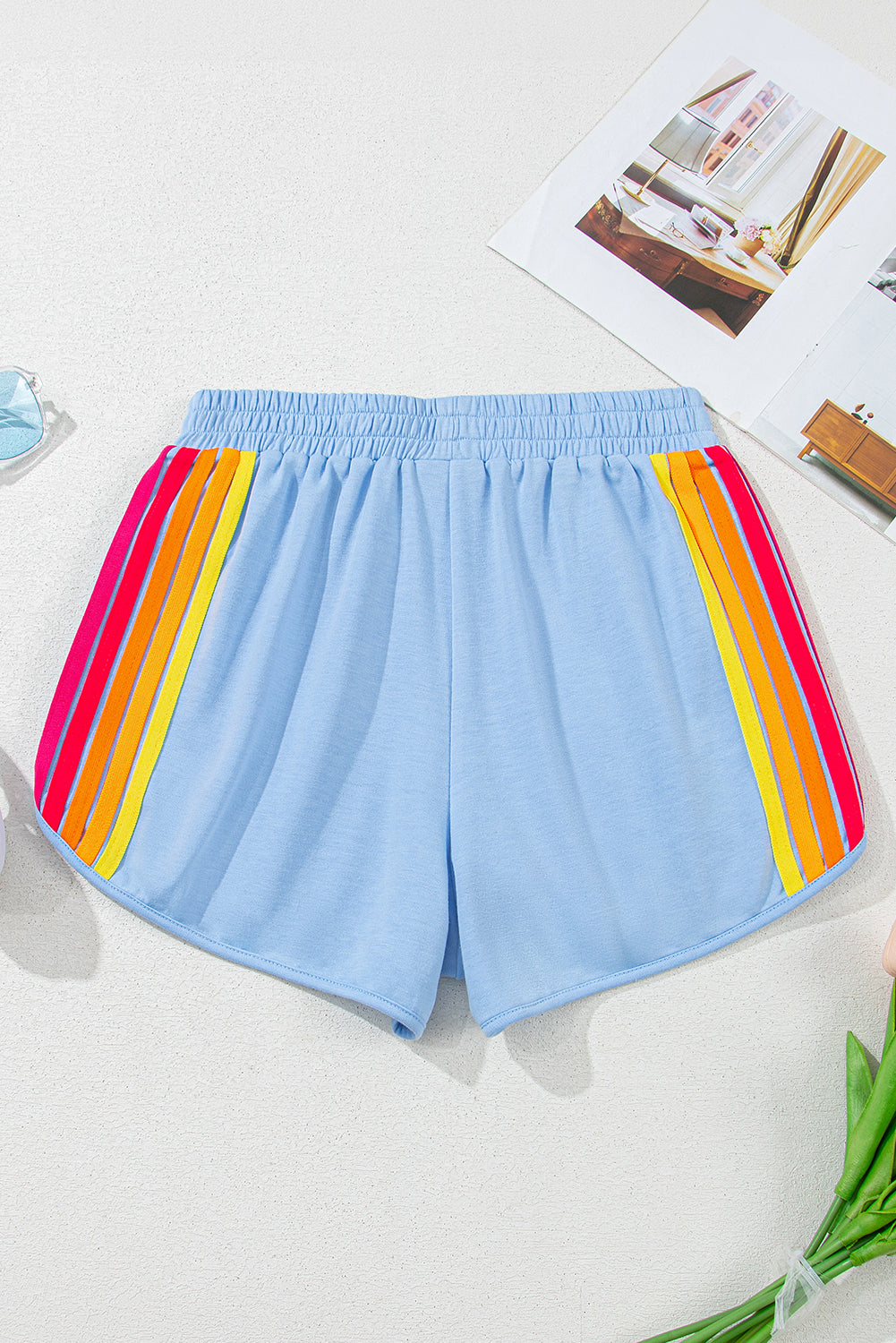 Beau Color Block Stripes Elastic High Waist Active Shorts