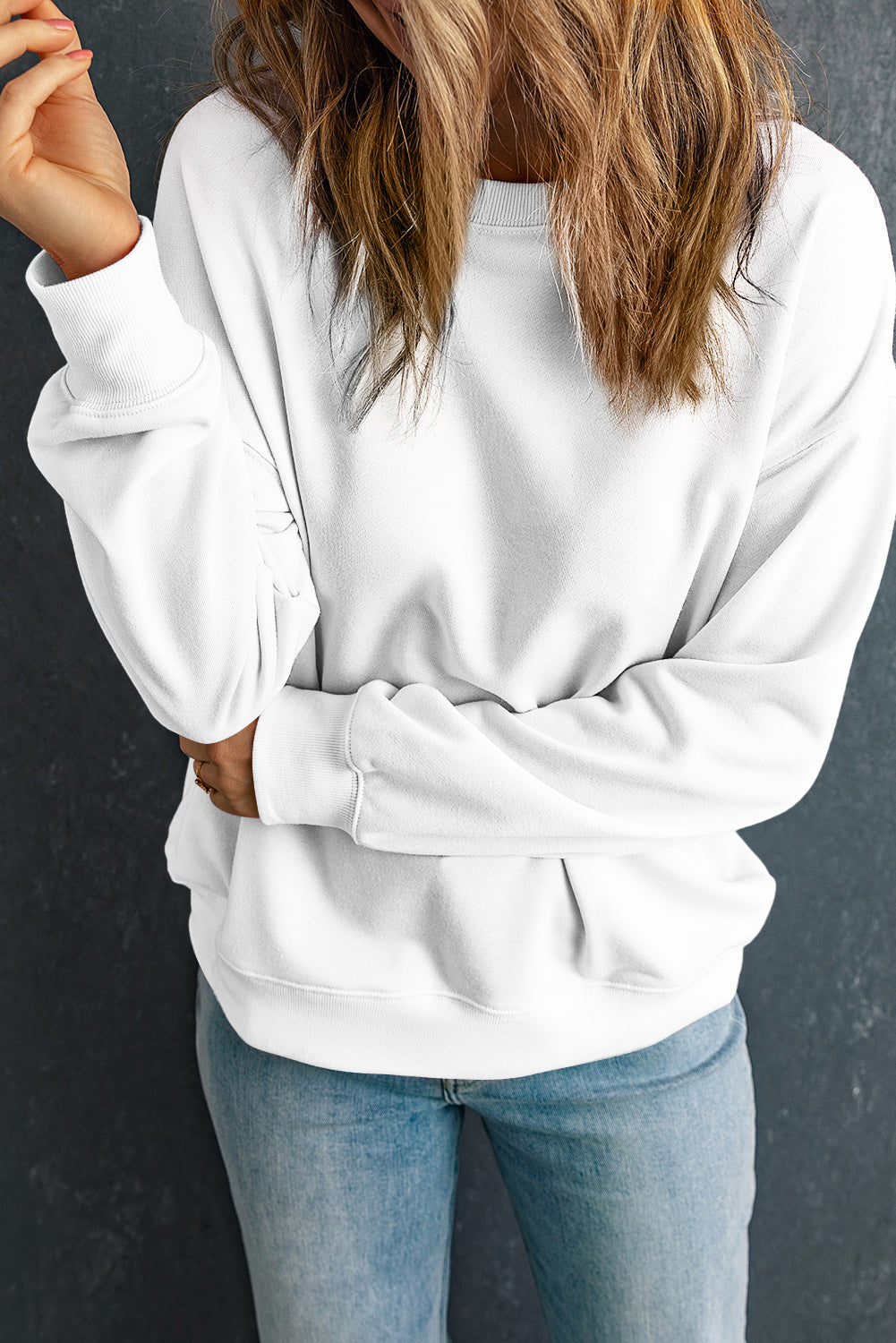 Beige Solid Classic Crewneck Pullover Sweatshirt