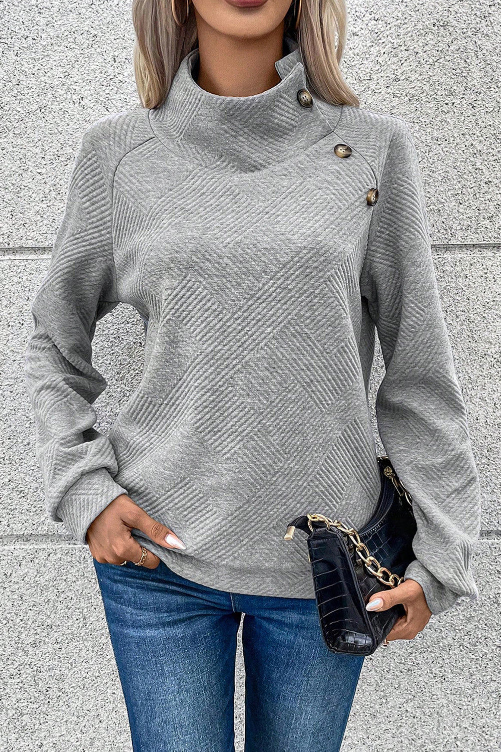 Gray Textured Contrast Splicing Raglan Sleeve Top