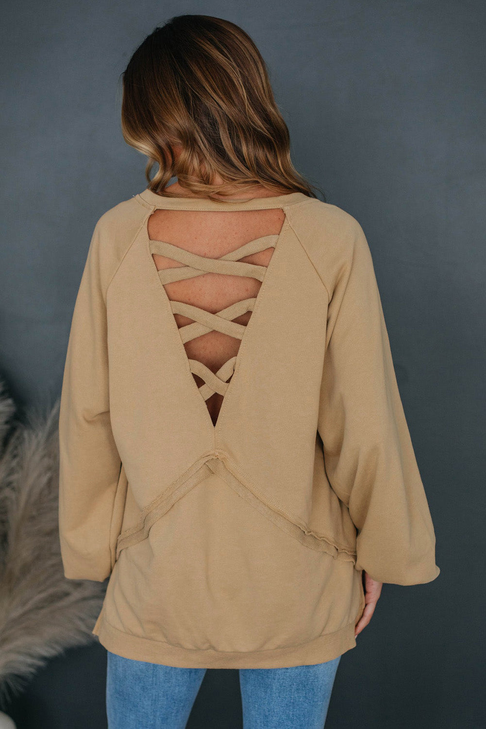 Light French Beige Solid Color Lattice Hollow Out Back Sweatshirt